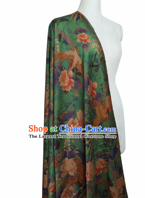 Chinese Classical Peony Birds Pattern Design Green Mulberry Silk Fabric Asian Traditional Cheongsam Silk Material