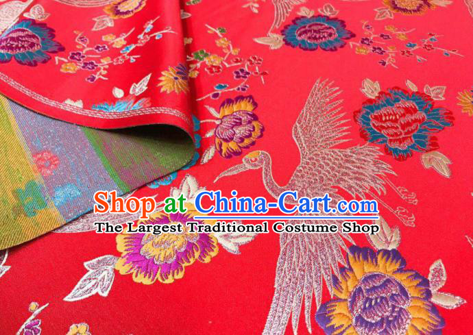 Japanese Kimono Classical Crane Plum Pattern Design Red Brocade Fabric Asian Traditional Satin Silk Material