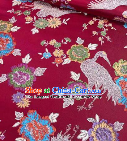 Japanese Kimono Classical Crane Plum Pattern Design Purplish Red Brocade Fabric Asian Traditional Satin Silk Material