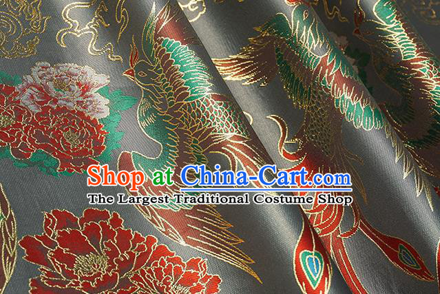 Chinese Royal Phoenix Peony Pattern Design Grey Brocade Fabric Asian Traditional Horse Face Skirt Satin Silk Material