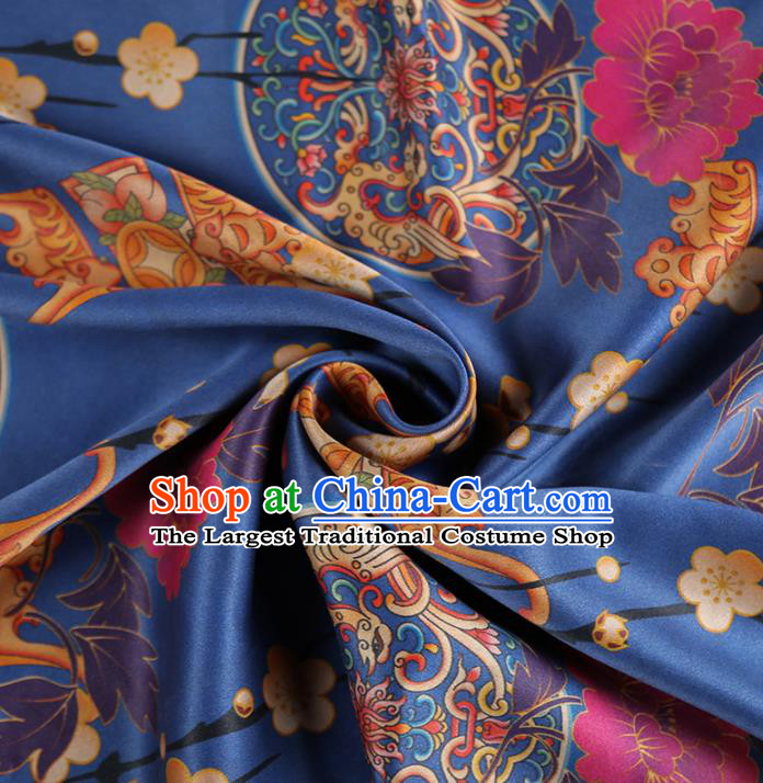Chinese Classical Plum Quadripod Pattern Design Blue Satin Fabric Asian Traditional Cheongsam Silk Material