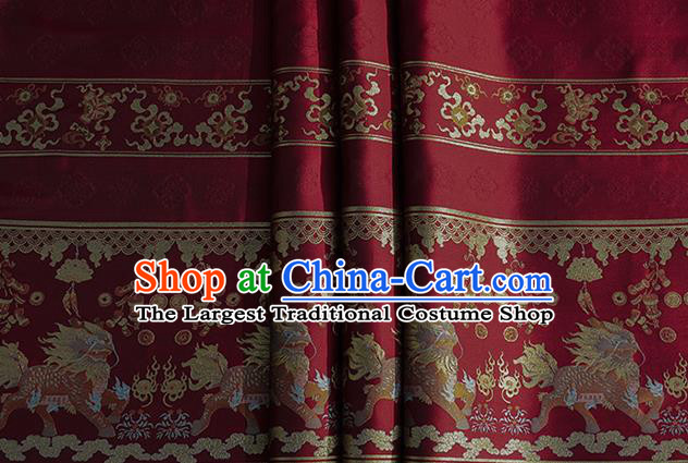 Chinese Royal Kylin Pattern Design Red Brocade Fabric Asian Traditional Horse Face Skirt Satin Silk Material