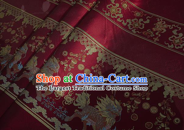 Chinese Royal Kylin Pattern Design Red Brocade Fabric Asian Traditional Horse Face Skirt Satin Silk Material