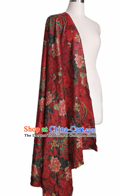 Chinese Classical Peony Plum Pattern Design Purplish Red Gambiered Guangdong Gauze Fabric Asian Traditional Cheongsam Silk Material