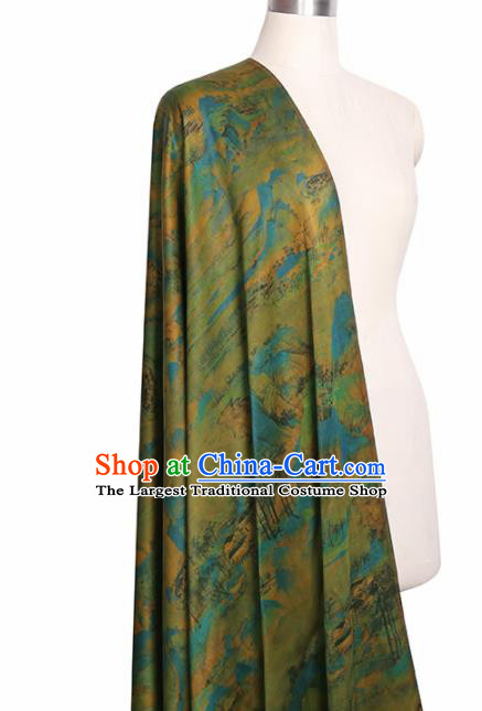 Chinese Classical Landscape Pattern Design Green Gambiered Guangdong Gauze Fabric Asian Traditional Cheongsam Silk Material