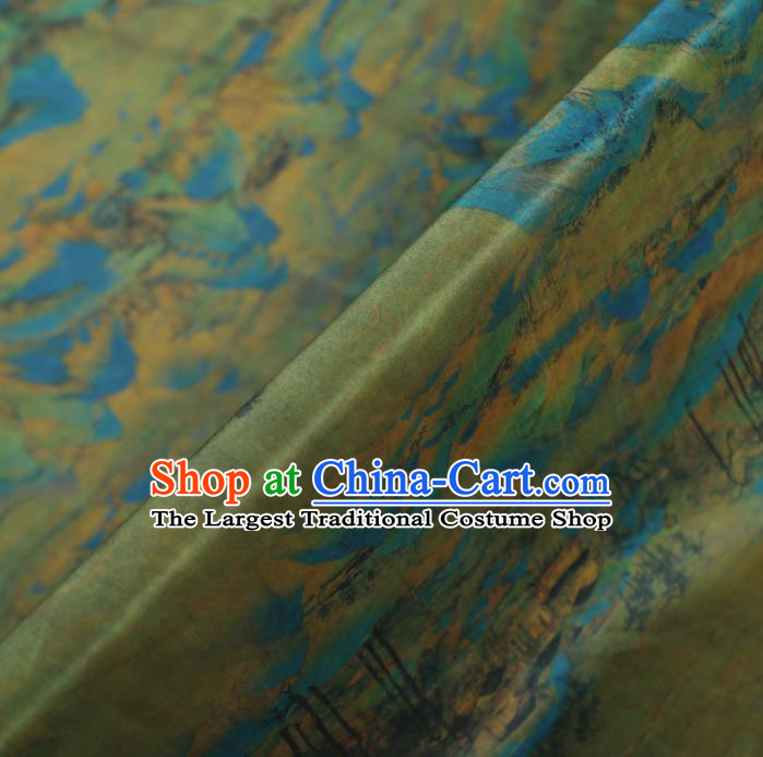 Chinese Classical Landscape Pattern Design Green Gambiered Guangdong Gauze Fabric Asian Traditional Cheongsam Silk Material