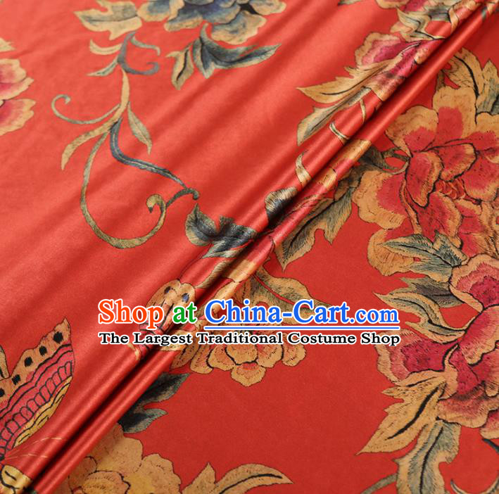 Chinese Classical Printing Peony Pattern Design Watermelon Red Gambiered Guangdong Gauze Fabric Asian Traditional Cheongsam Silk Material