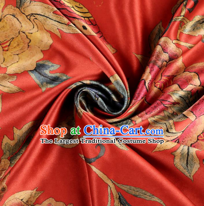Chinese Classical Printing Peony Pattern Design Watermelon Red Gambiered Guangdong Gauze Fabric Asian Traditional Cheongsam Silk Material