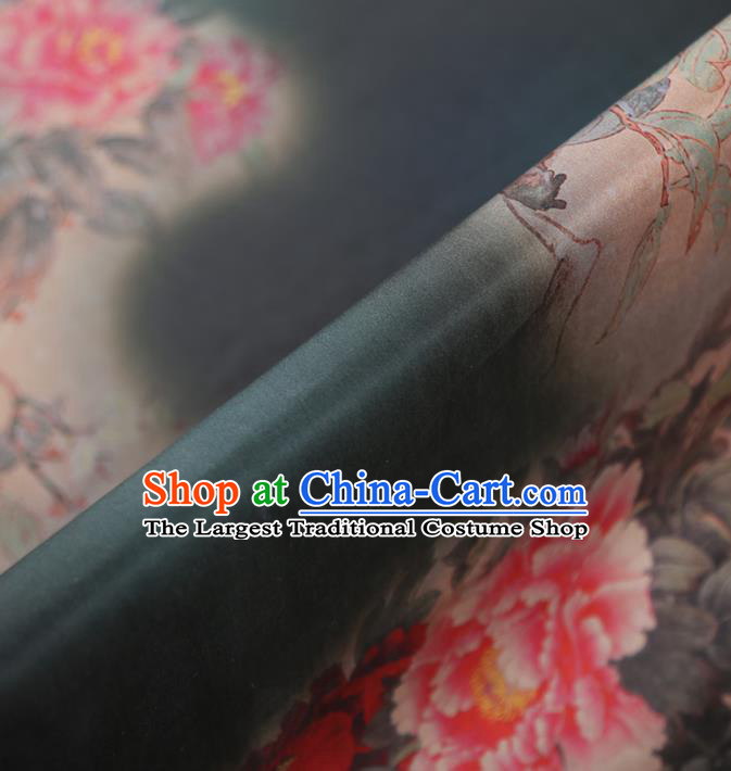 Chinese Classical Printing Peony Pattern Design Dark Green Gambiered Guangdong Gauze Fabric Asian Traditional Cheongsam Silk Material