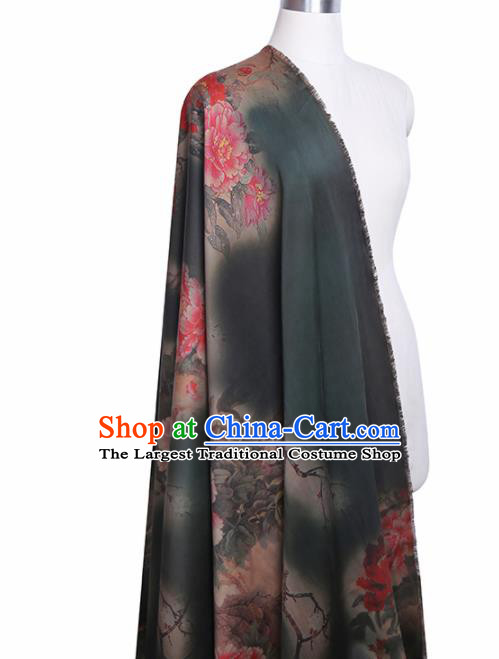 Chinese Classical Printing Peony Pattern Design Dark Green Gambiered Guangdong Gauze Fabric Asian Traditional Cheongsam Silk Material
