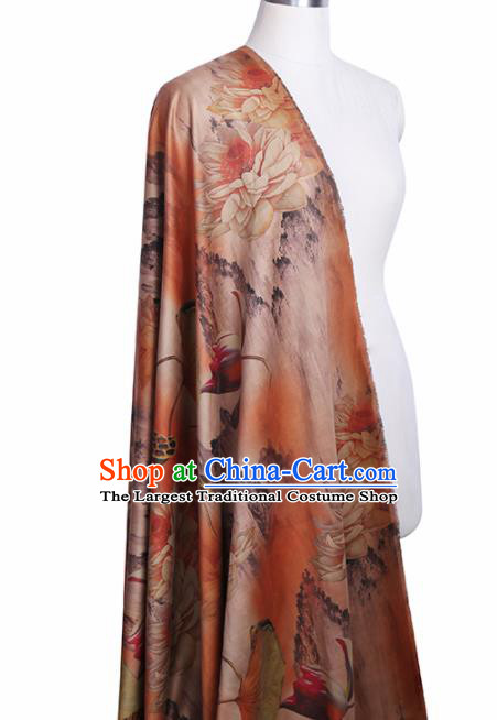 Chinese Classical Printing Lotus Pattern Design Orange Gambiered Guangdong Gauze Fabric Asian Traditional Cheongsam Silk Material