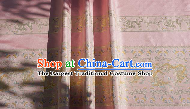 Chinese Royal Dragon Phoenix Pattern Design Pink Brocade Fabric Asian Traditional Horse Face Skirt Satin Silk Material