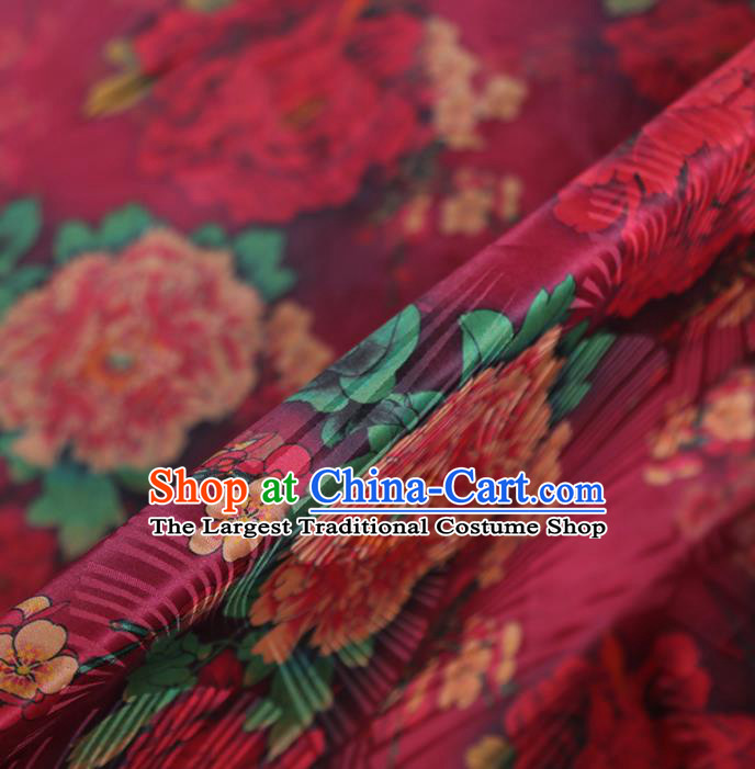 Chinese Classical Printing Peony Pattern Design Wine Red Gambiered Guangdong Gauze Fabric Asian Traditional Cheongsam Silk Material