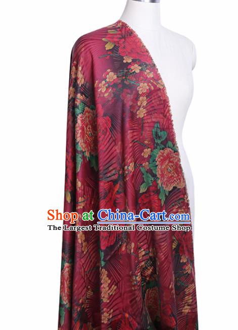 Chinese Classical Printing Peony Pattern Design Wine Red Gambiered Guangdong Gauze Fabric Asian Traditional Cheongsam Silk Material