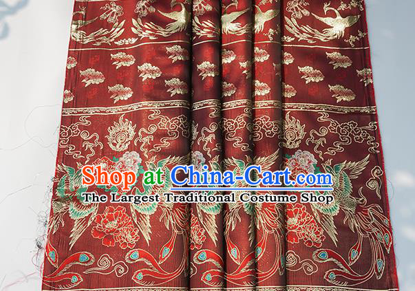 Chinese Royal Phoenix Peony Pattern Design Dark Red Brocade Fabric Asian Traditional Horse Face Skirt Satin Silk Material