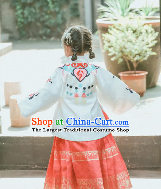 Chinese Traditional Girls Embroidered White Blouse and Skirt Ancient Ming Dynasty Princess Costume for Kids