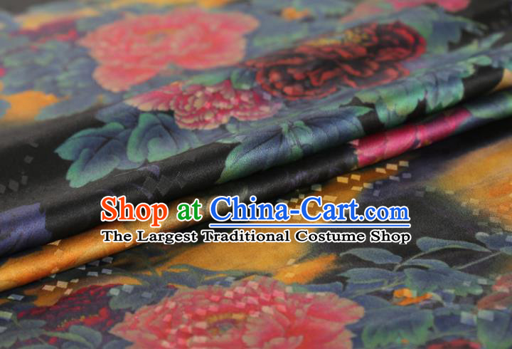 Chinese Classical Printing Peony Pattern Design Black Gambiered Guangdong Gauze Fabric Asian Traditional Cheongsam Silk Material
