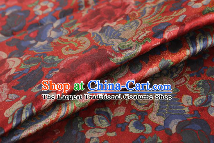 Chinese Classical Printing Phoenix Peony Pattern Design Red Gambiered Guangdong Gauze Fabric Asian Traditional Cheongsam Silk Material