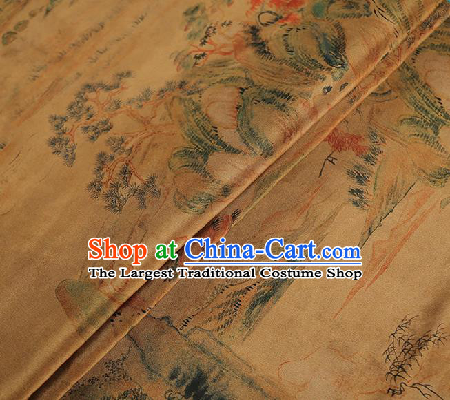 Chinese Classical Printing Landscape Pattern Design Ginger Gambiered Guangdong Gauze Fabric Asian Traditional Cheongsam Silk Material