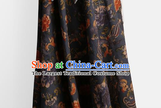 Chinese Classical Phoenix Peony Pattern Design Navy Gambiered Guangdong Gauze Fabric Asian Traditional Cheongsam Silk Material