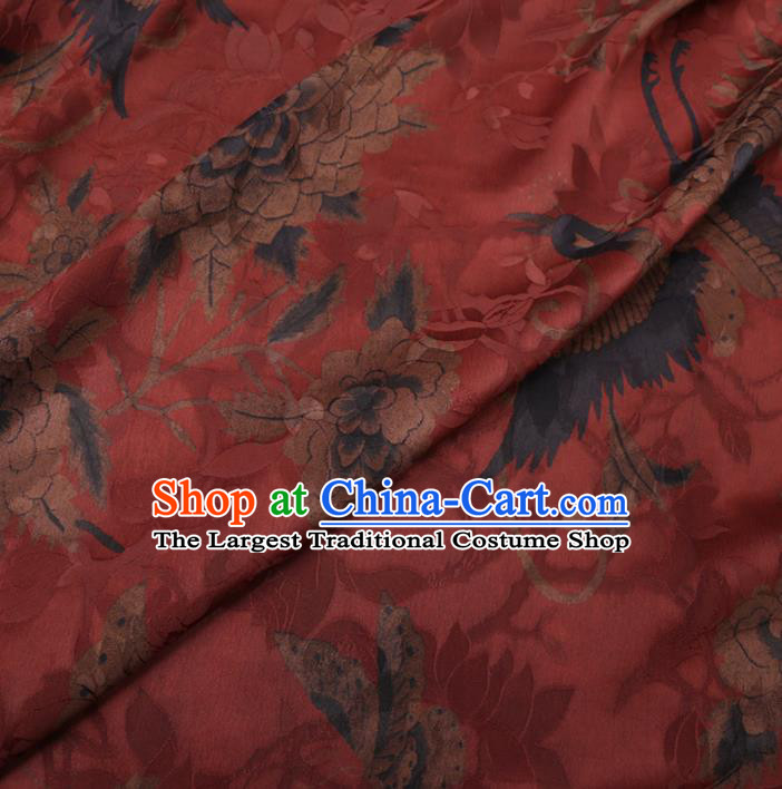 Chinese Classical Crane Peony Pattern Design Purplish Red Gambiered Guangdong Gauze Fabric Asian Traditional Cheongsam Silk Material