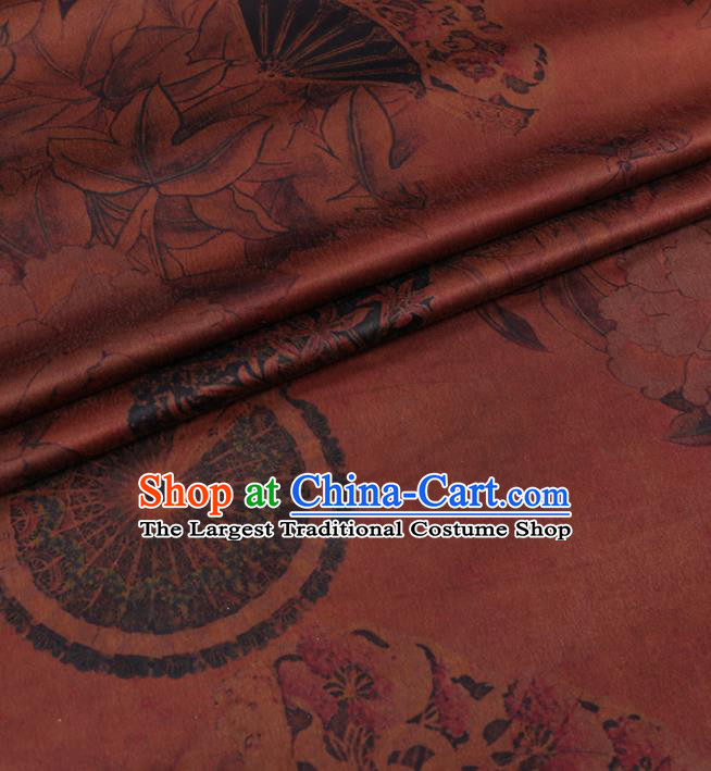 Chinese Classical Peony Fan Pattern Design Rust Red Gambiered Guangdong Gauze Fabric Asian Traditional Cheongsam Silk Material