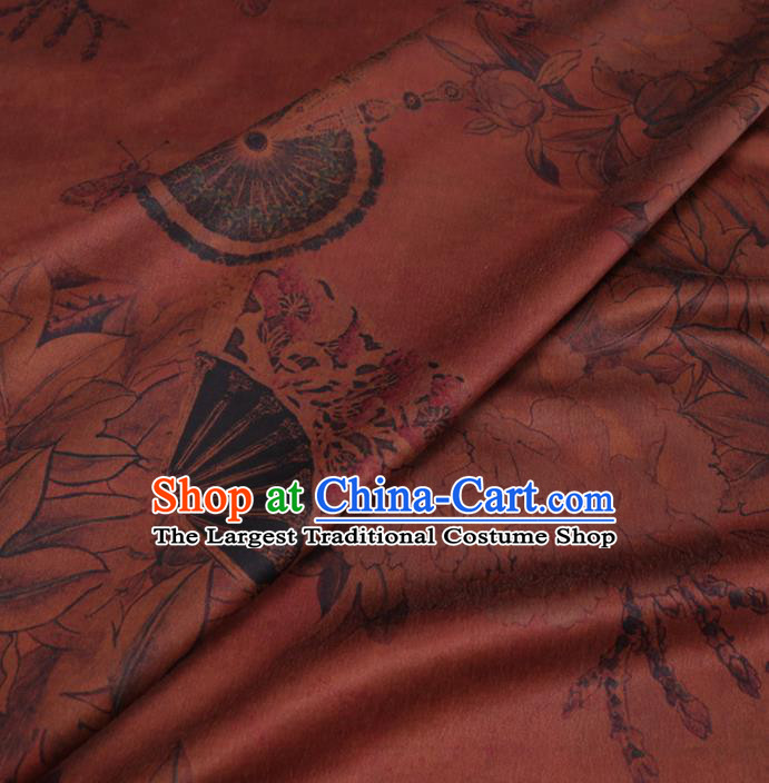 Chinese Classical Peony Fan Pattern Design Rust Red Gambiered Guangdong Gauze Fabric Asian Traditional Cheongsam Silk Material