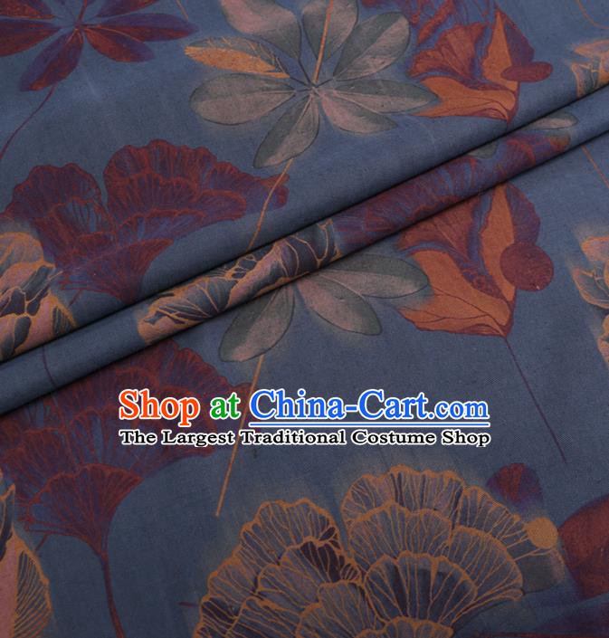 Chinese Classical Ginkgo Tulip Pattern Design Blue Gambiered Guangdong Gauze Fabric Asian Traditional Cheongsam Silk Material