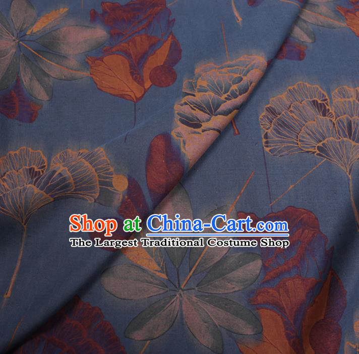 Chinese Classical Ginkgo Tulip Pattern Design Blue Gambiered Guangdong Gauze Fabric Asian Traditional Cheongsam Silk Material