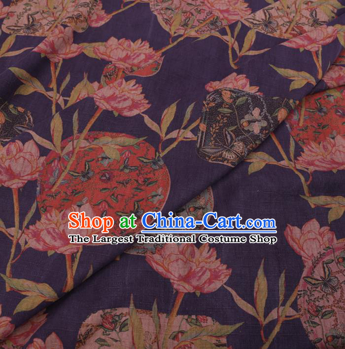 Chinese Classical Flowers Pattern Design Blue Gambiered Guangdong Gauze Fabric Asian Traditional Cheongsam Silk Material