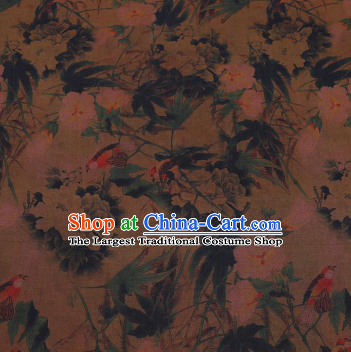 Chinese Classical Printing Peony Pattern Design Brown Gambiered Guangdong Gauze Fabric Asian Traditional Cheongsam Silk Material