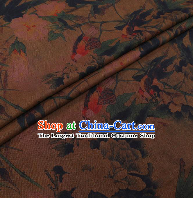 Chinese Classical Printing Peony Pattern Design Brown Gambiered Guangdong Gauze Fabric Asian Traditional Cheongsam Silk Material