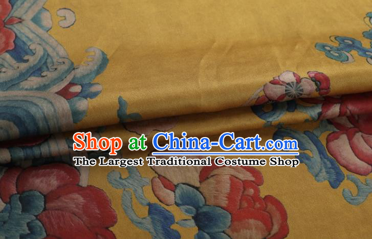 Chinese Classical Peony Pattern Design Yellow Gambiered Guangdong Gauze Fabric Asian Traditional Cheongsam Silk Material