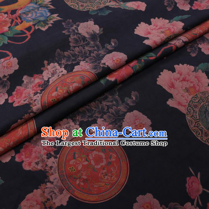 Chinese Classical Printing Peony Fan Pattern Design Black Gambiered Guangdong Gauze Fabric Asian Traditional Cheongsam Silk Material