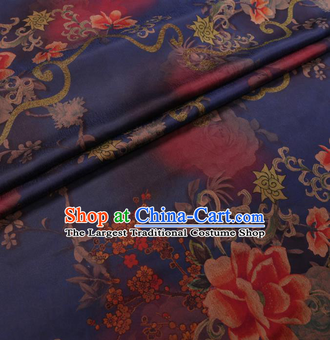 Chinese Classical Printing Peony Plum Pattern Design Deep Blue Gambiered Guangdong Gauze Fabric Asian Traditional Cheongsam Silk Material