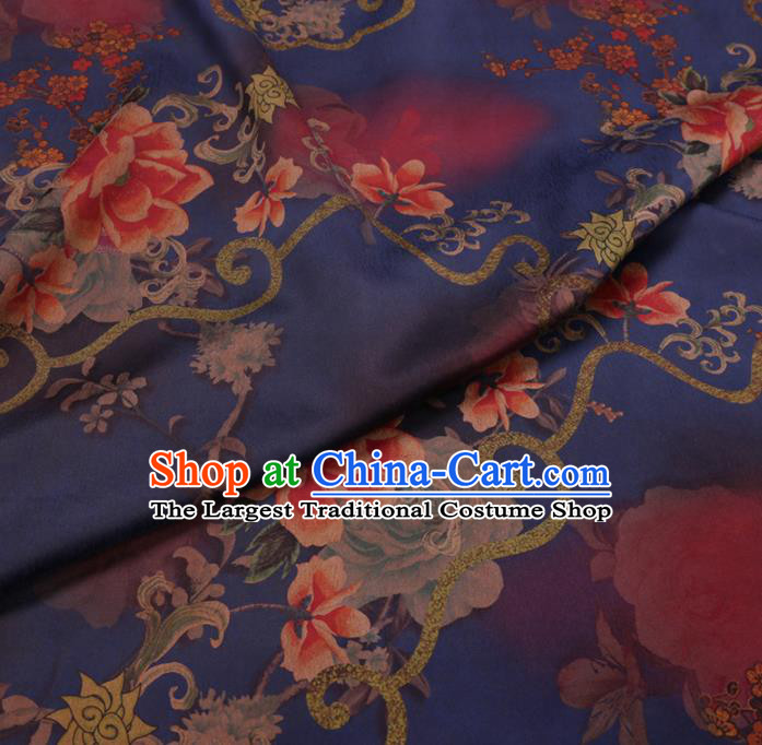 Chinese Classical Printing Peony Plum Pattern Design Deep Blue Gambiered Guangdong Gauze Fabric Asian Traditional Cheongsam Silk Material