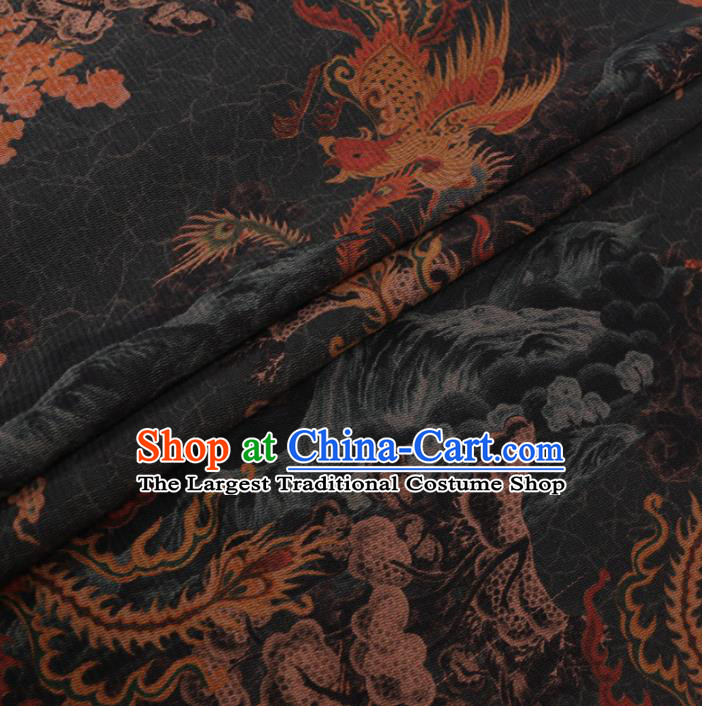 Chinese Classical Printing Phoenix Plum Pattern Design Black Gambiered Guangdong Gauze Fabric Asian Traditional Cheongsam Silk Material