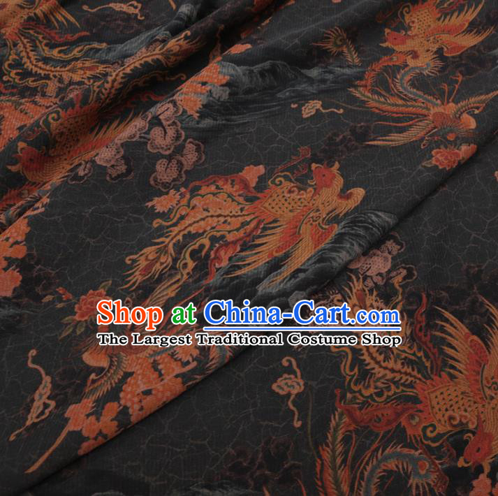 Chinese Classical Printing Phoenix Plum Pattern Design Black Gambiered Guangdong Gauze Fabric Asian Traditional Cheongsam Silk Material