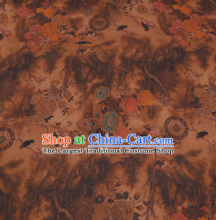 Chinese Classical Printing Peony Pattern Design Ginger Gambiered Guangdong Gauze Fabric Asian Traditional Cheongsam Silk Material
