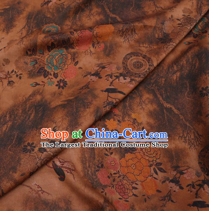 Chinese Classical Printing Peony Pattern Design Ginger Gambiered Guangdong Gauze Fabric Asian Traditional Cheongsam Silk Material