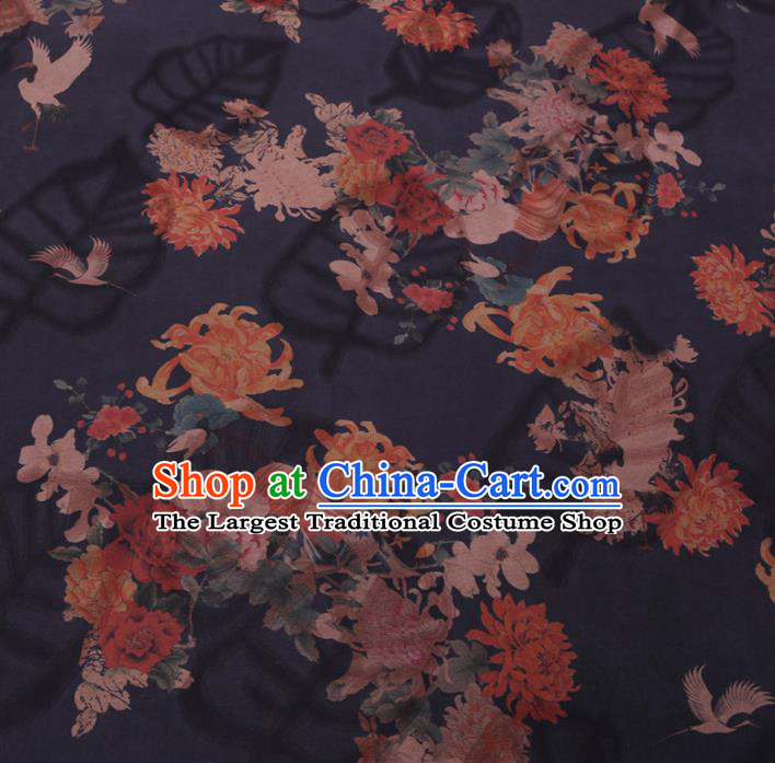 Chinese Classical Printing Chrysanthemum Peony Pattern Design Navy Gambiered Guangdong Gauze Fabric Asian Traditional Cheongsam Silk Material