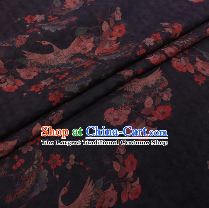 Chinese Classical Printing Crane Peony Pattern Design Black Gambiered Guangdong Gauze Fabric Asian Traditional Cheongsam Silk Material