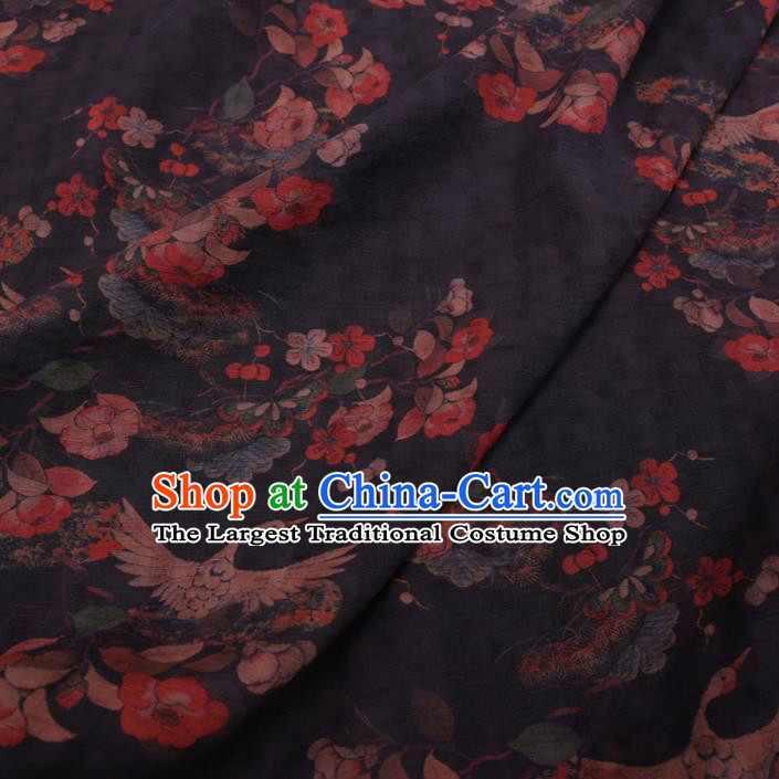 Chinese Classical Printing Crane Peony Pattern Design Black Gambiered Guangdong Gauze Fabric Asian Traditional Cheongsam Silk Material