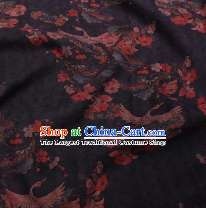 Chinese Classical Printing Crane Peony Pattern Design Black Gambiered Guangdong Gauze Fabric Asian Traditional Cheongsam Silk Material