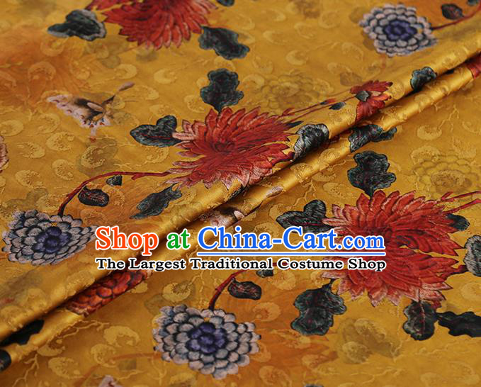 Chinese Classical Printing Chrysanthemum Pattern Design Golden Gambiered Guangdong Gauze Fabric Asian Traditional Cheongsam Silk Material