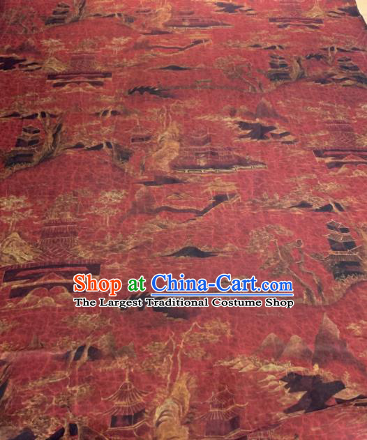 Asian Chinese Traditional Pavilions Pattern Design Red Gambiered Guangdong Gauze Fabric Silk Material