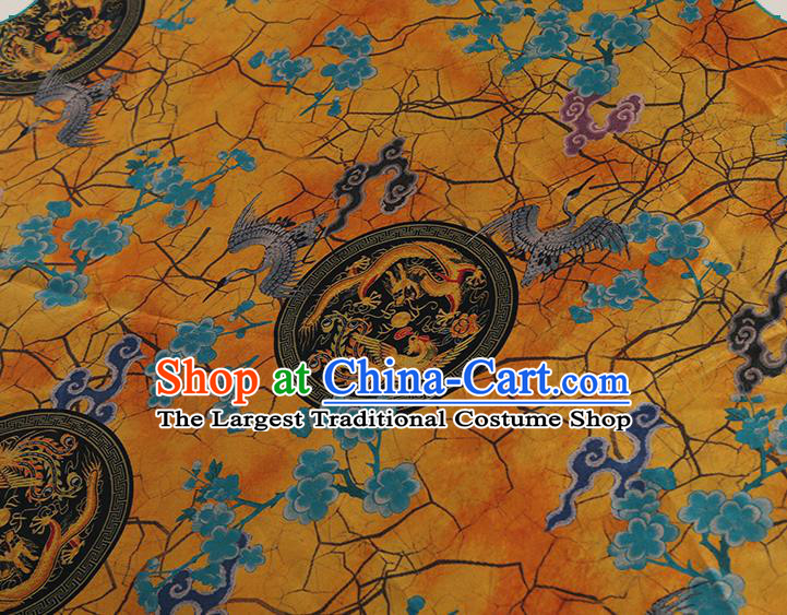 Chinese Classical Printing Crane Plum Pattern Design Yellow Gambiered Guangdong Gauze Fabric Asian Traditional Cheongsam Silk Material