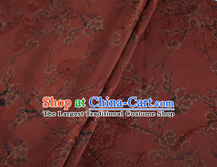 Chinese Classical Printing Plum Blossom Pattern Design Rust Red Gambiered Guangdong Gauze Fabric Asian Traditional Cheongsam Silk Material