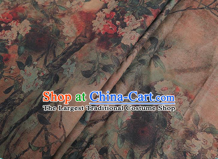 Chinese Classical Printing Begonia Bird Pattern Design Khaki Gambiered Guangdong Gauze Fabric Asian Traditional Cheongsam Silk Material