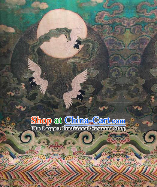 Asian Chinese Traditional Crane Pattern Design Green Gambiered Guangdong Gauze Fabric Silk Material